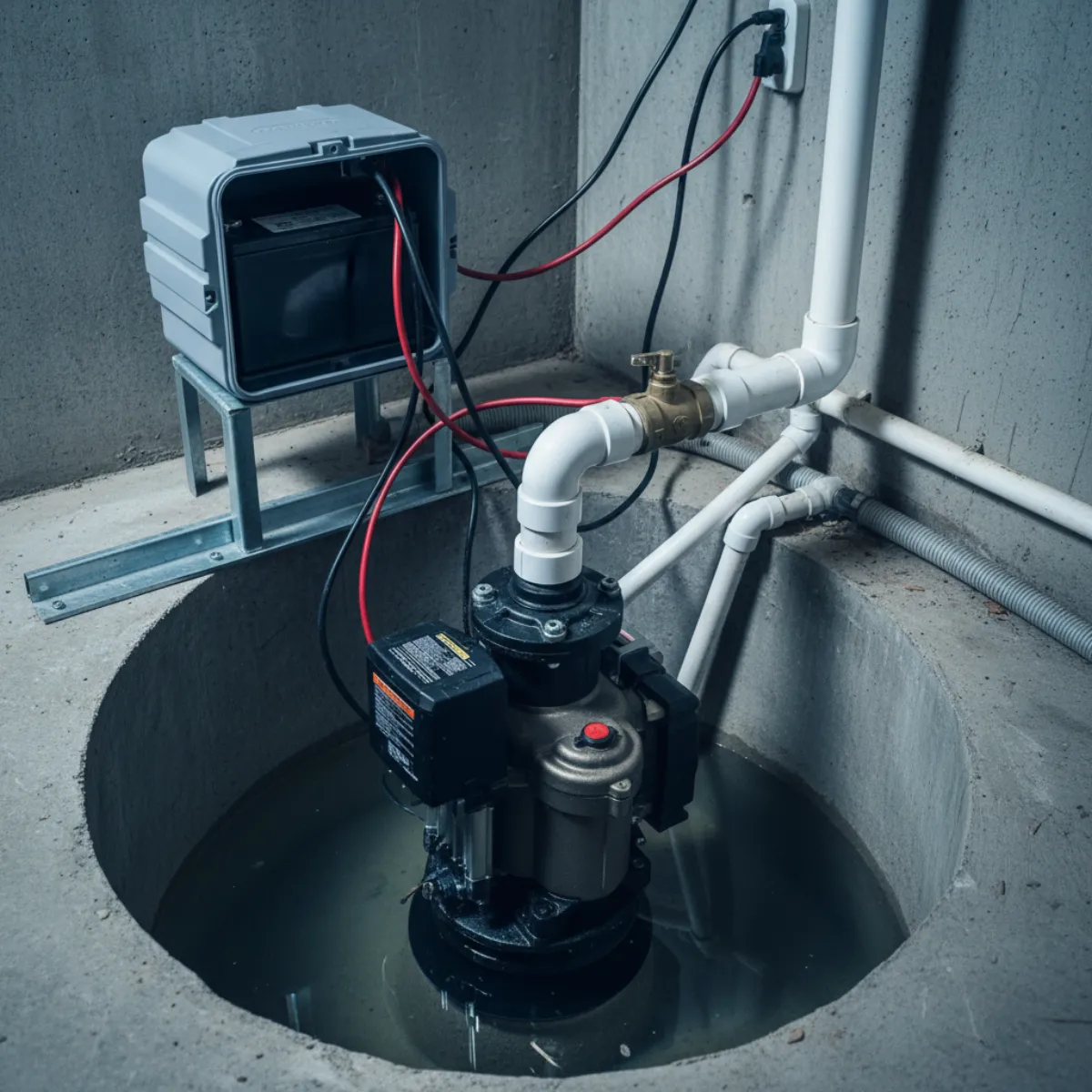 A backwater valve and battery-backup sump pump installed for basement flood prevention