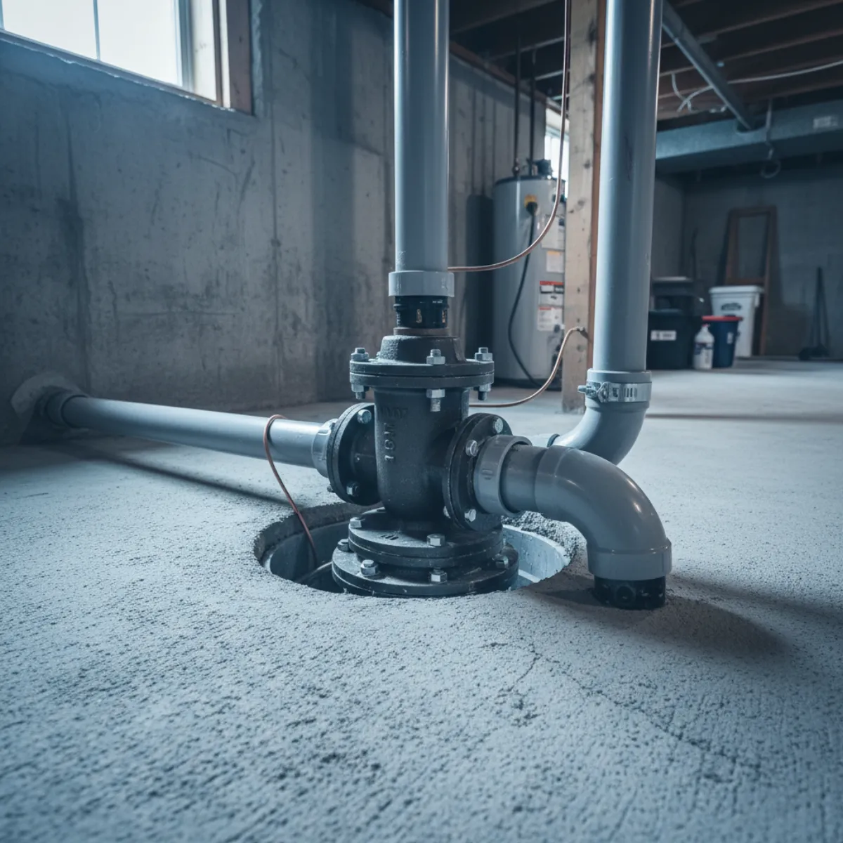 Sump pump with battery backup installed in a basement pit for flood prevention