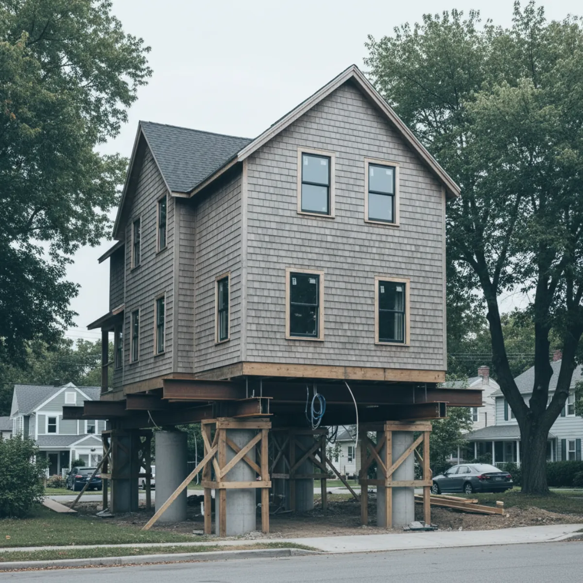 A house raised on cribbing and steel beams during a flood-zone home elevation project