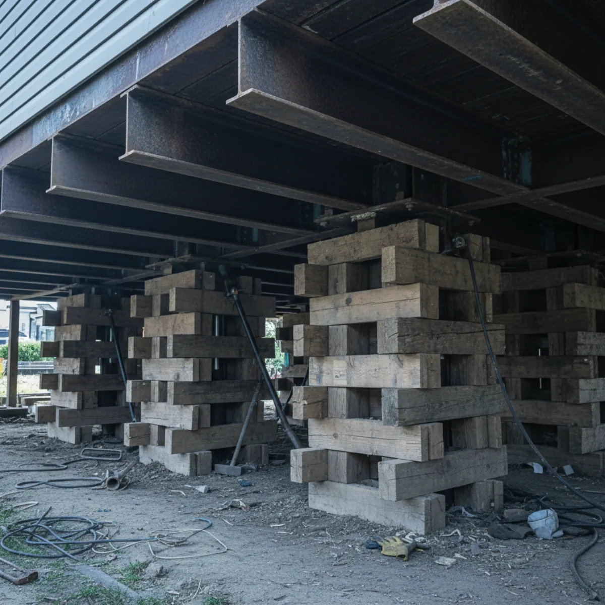Single-family house lifted on steel I-beams and timber cribbing during a flood-mitigation home elevation