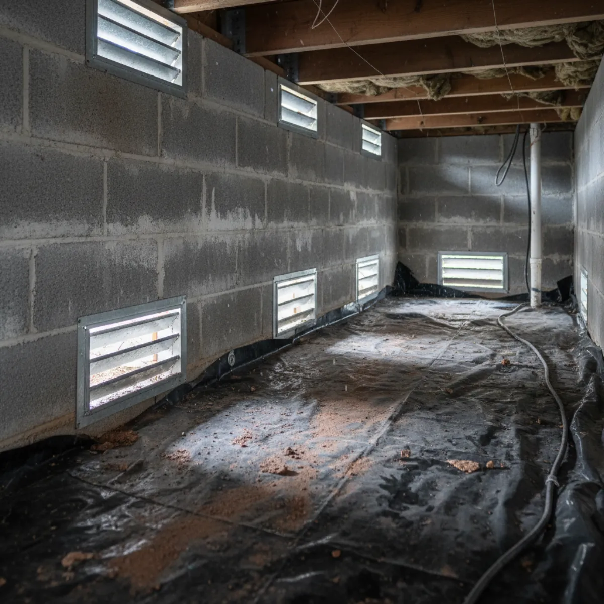 Side by side of a sealed dry-floodproofed wall and a wet-floodproofed crawl space with flood vents