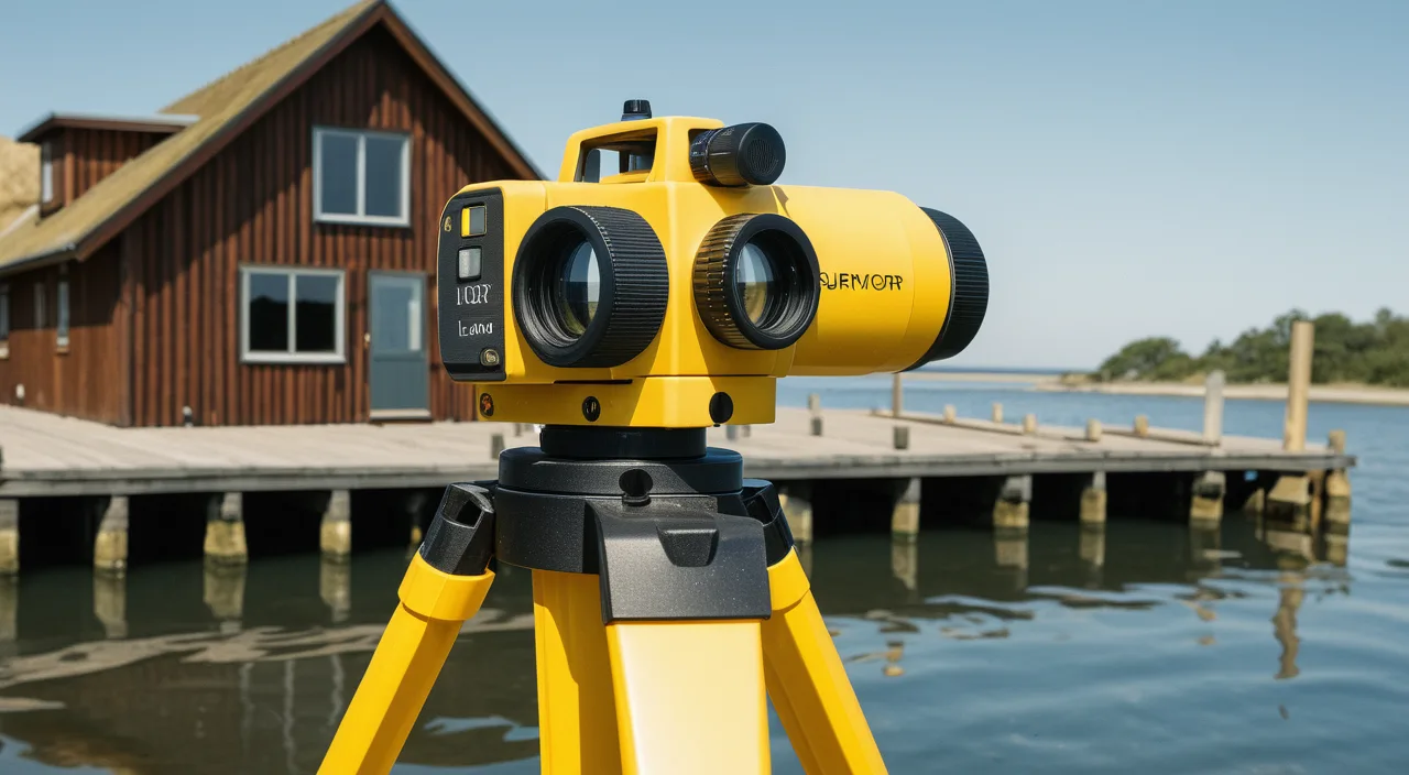 A surveyor's level on a tripod in front of a raised house on a sunny morning