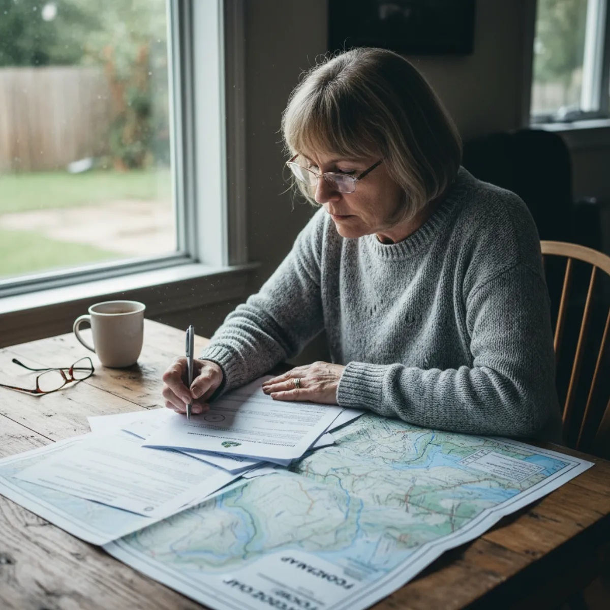 Homeowner reviewing FEMA flood mitigation grant paperwork beside a flood zone map