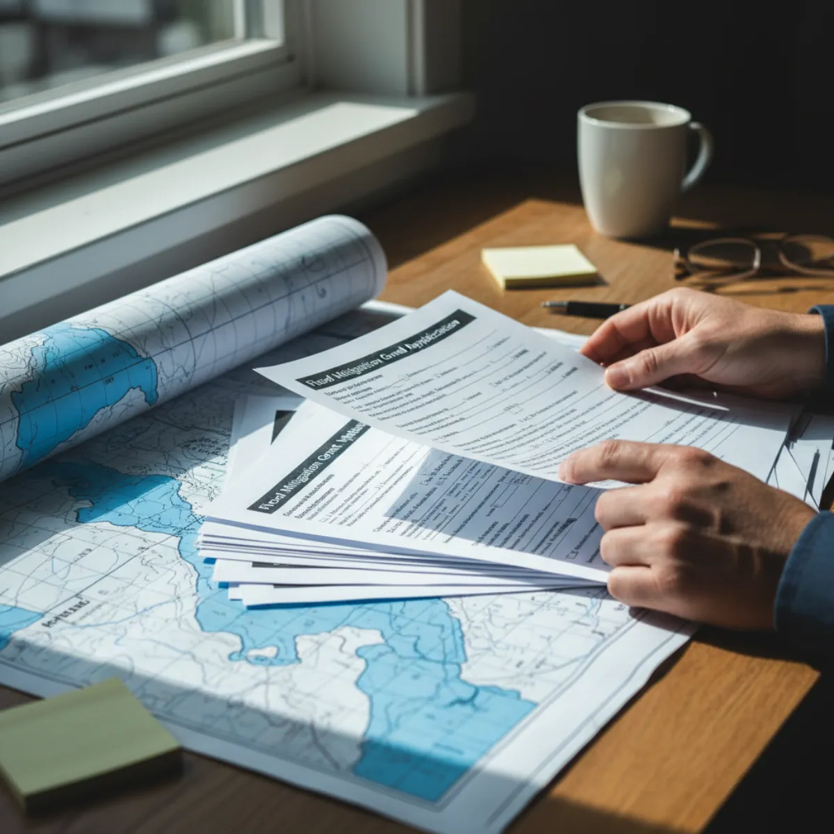 Homeowner reviewing FEMA flood mitigation grant paperwork and a flood map at a kitchen table