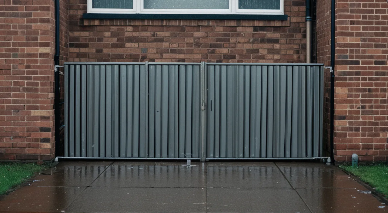Aluminum flood barrier panels installed across a home's doorway before a storm