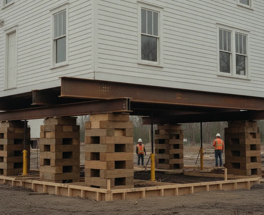 A two-story house raised on steel I-beams and timber cribbing during a flood-mitigation home elevation, with workers and new foundation formwork below