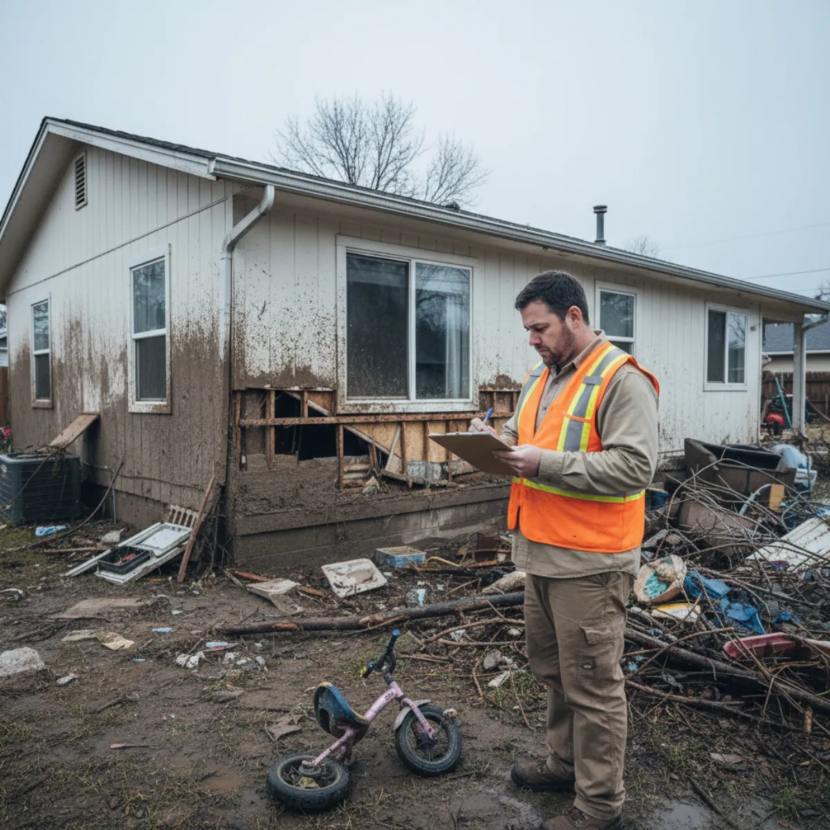 A floodplain official inspecting a flood-damaged home to assess substantial damage