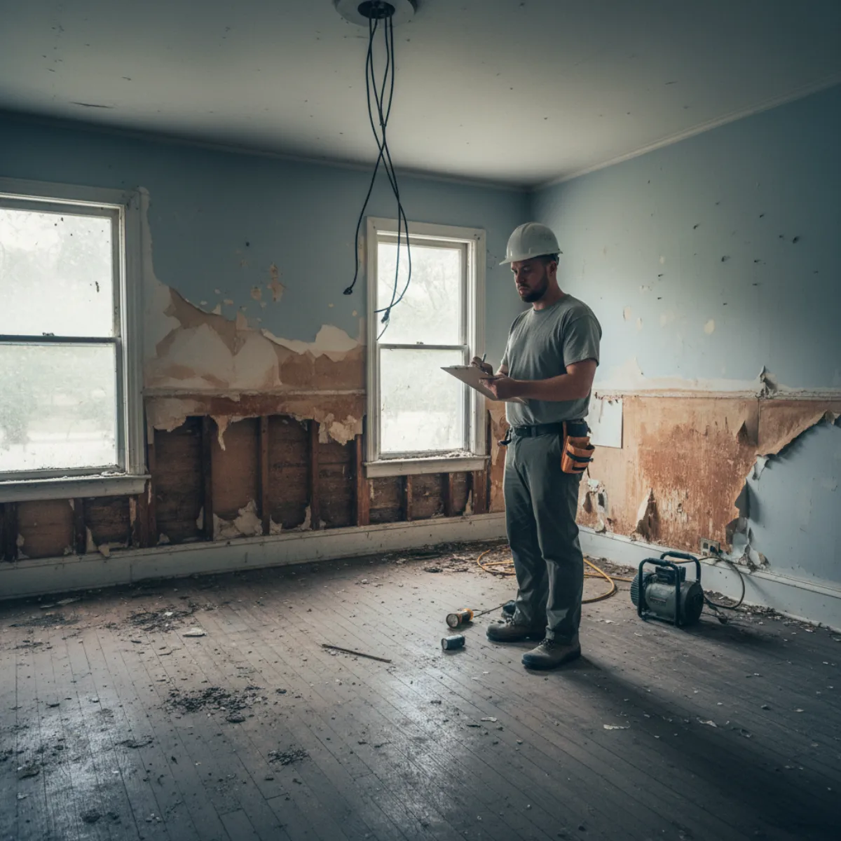 Floodplain administrator inspecting a flood-damaged home to assess substantial damage under the FEMA 50 percent rule