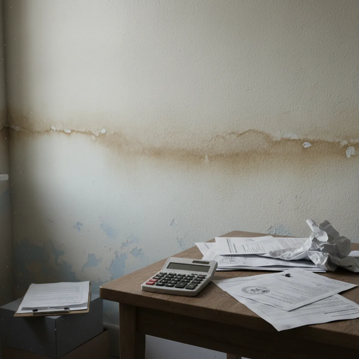 A high-water mark on a home wall next to a calculator and flood insurance paperwork