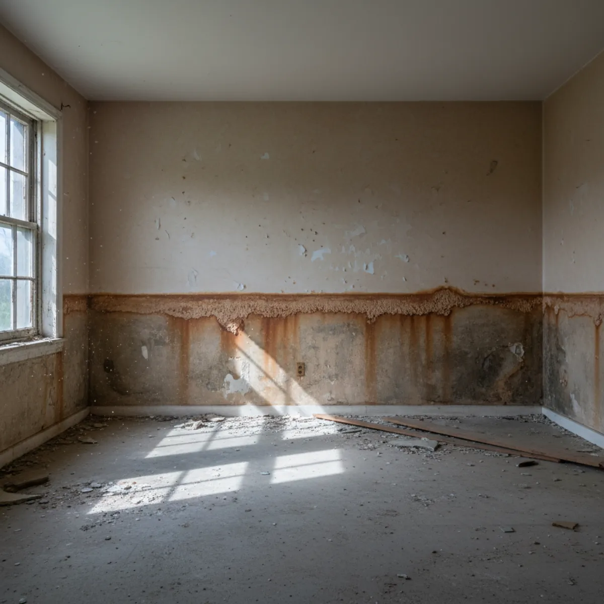 High-water mark stain on an interior wall showing past flood damage in a home considering flood mitigation