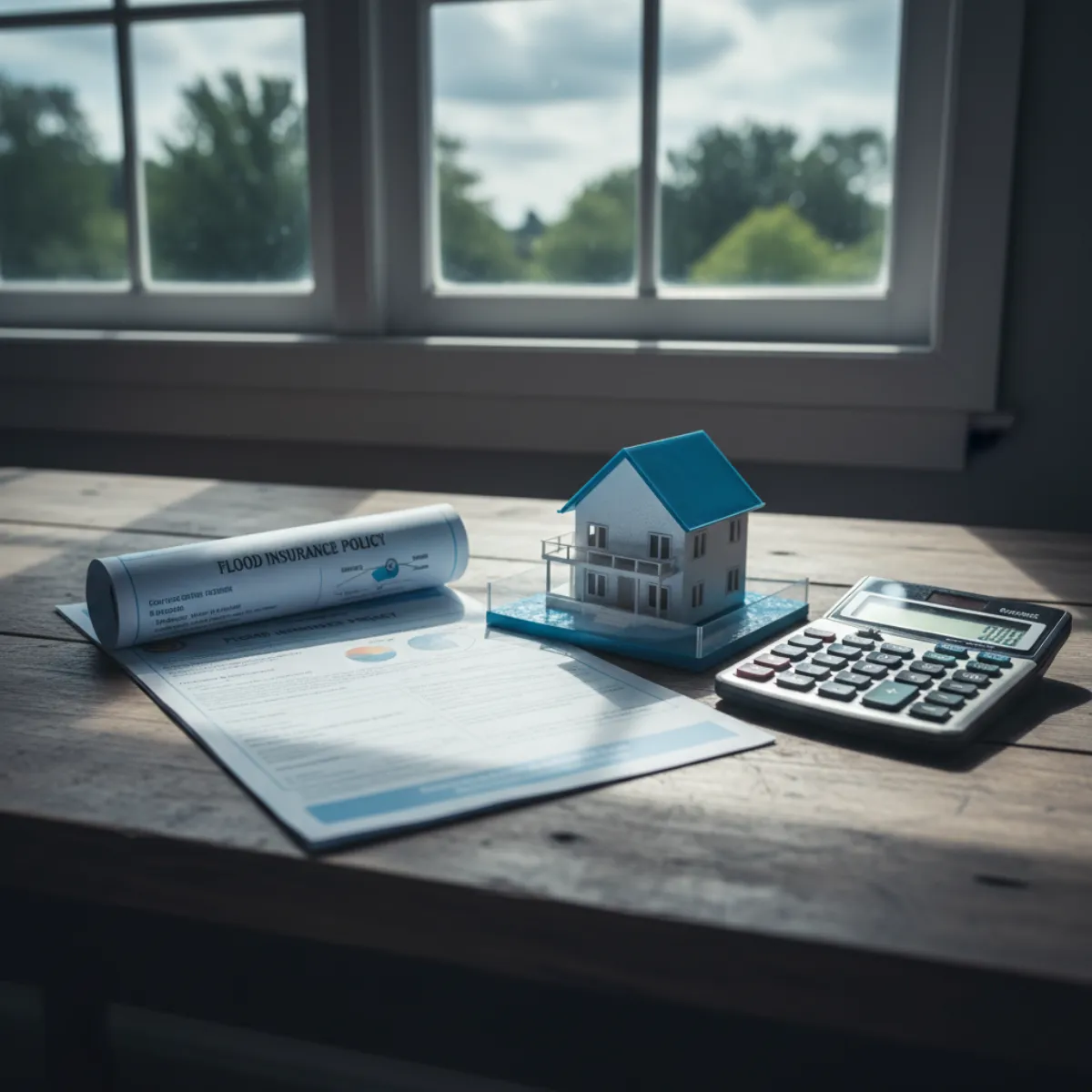 Flood insurance policy documents beside a model house and foundation flood vents